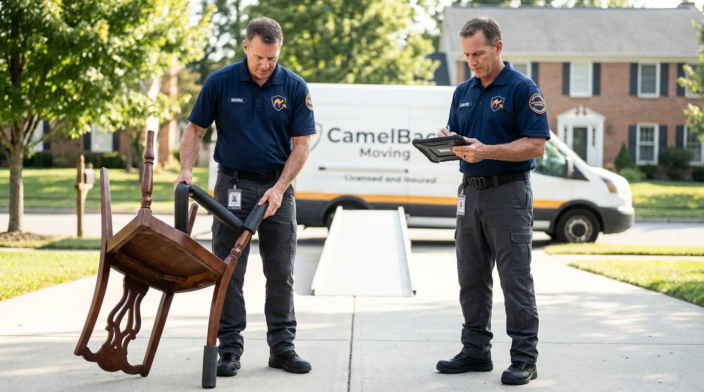 Movers inspecting furniture for damage prevention before loading in Zillah, WA