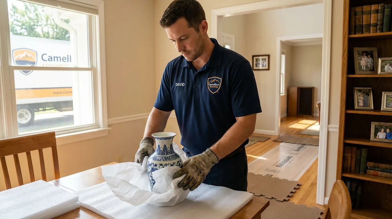 Professional crew carefully wrapping antique vase for senior downsizing move in Zillah, WA